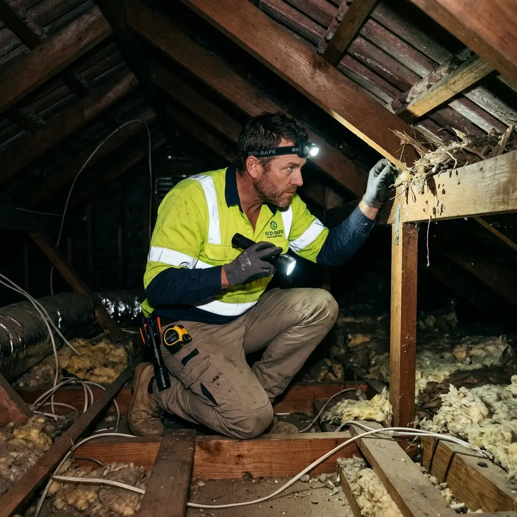 Technician inspecting a Mount Wallace subfloor void for a deceased cat